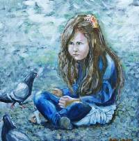 little girl with pigeons